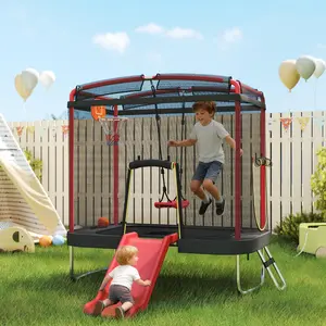 Kids' 4x6FT Outdoor Trampoline with Safety Enclosure, Slide, Swing, Basketball Hoop - Indoor-Use Compatible, Red