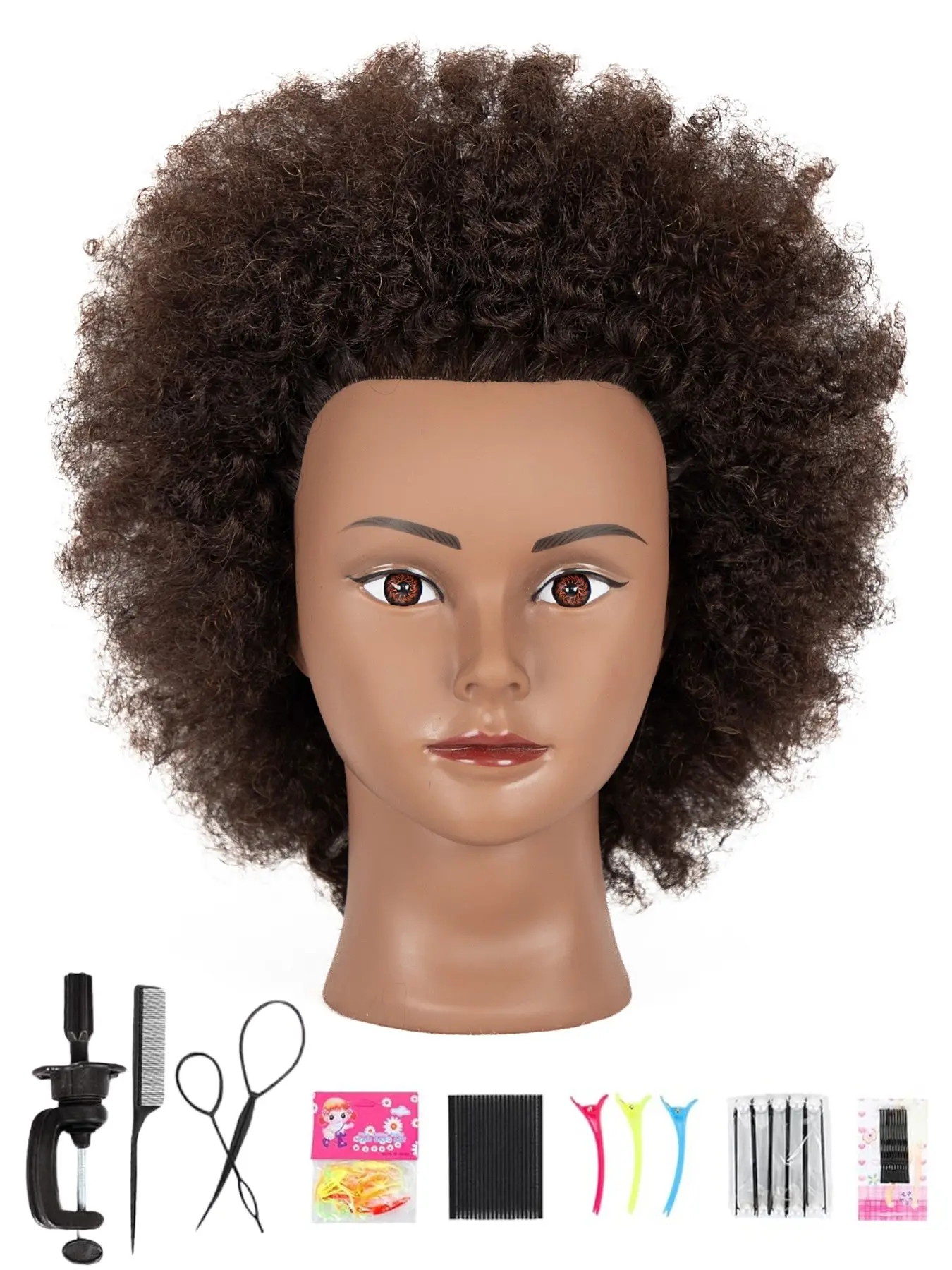 100% real human hair African curly hair model head with live eyes, simulated human 4-6 inches curly hair for barbers, beauty doll head for barbers, braided practice hairstyle, with complimentary clip, Mannequin Human Hair, Crochet Human Hair