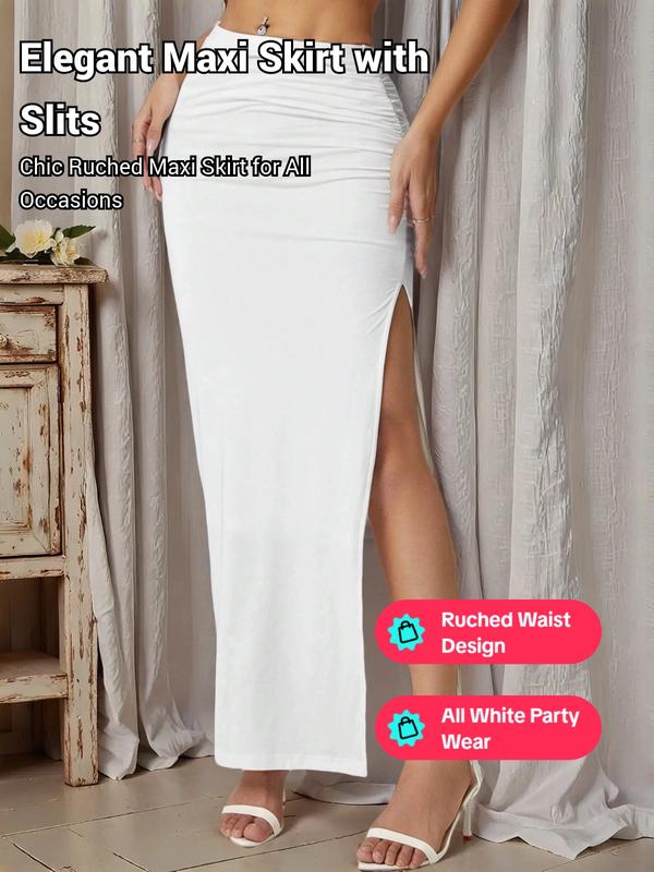 Elegant Ruched Waist Long Skirt for Women - Casual Knitted Fabric with Side Slit for Everyday Comfortable Style - All White Party Wear Womenswear Bottom