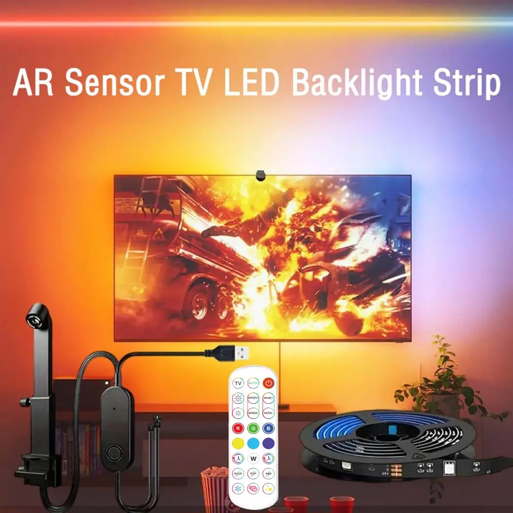 Dynamic Color Changing RGBIC LED TV Backlight Strip, Ar Color Sensor, USB Powered, Music Sync, Ideal for Gaming Room Bedroom Living Room, LED Mood Light, Dimmable Led Lights