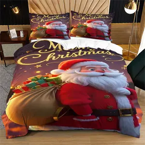 Christmas Cartoon Duvet Cover Set (2/3 Pcs): Includes 1 Duvet Cover + 1/2 Pillowcases (No Filler), Santa Delivering Gifts, Reindeer Pulling Sleigh, “Merry Christmas” , for Kids' Rooms, Christmas Bedrooms, Holiday Renovation, Decorative Duvet Cover