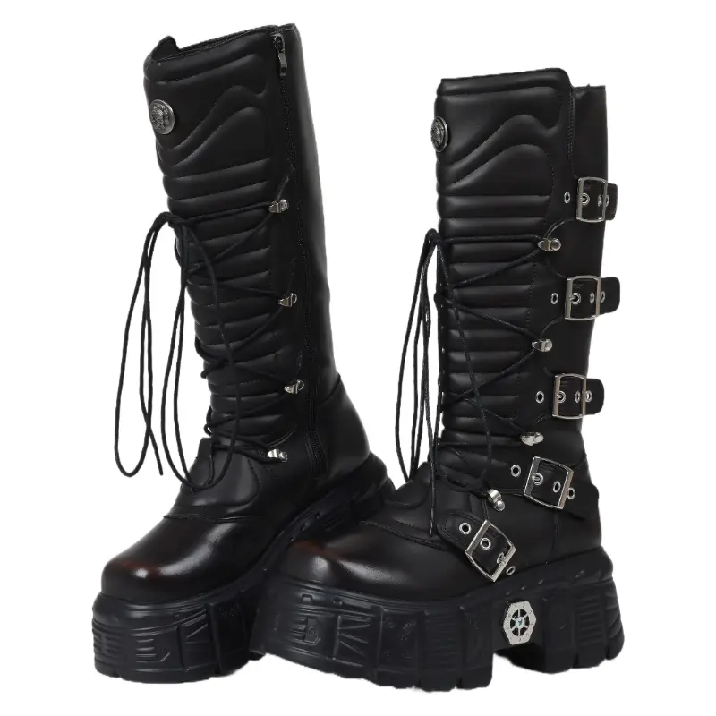 Women's Knee-High Boots, Chic Punk Rock Style with a Chunky Platform Heel, Adjustable Buckle Straps, and Side Zipper for a Custom Fit, Customize Fit, Round Toe