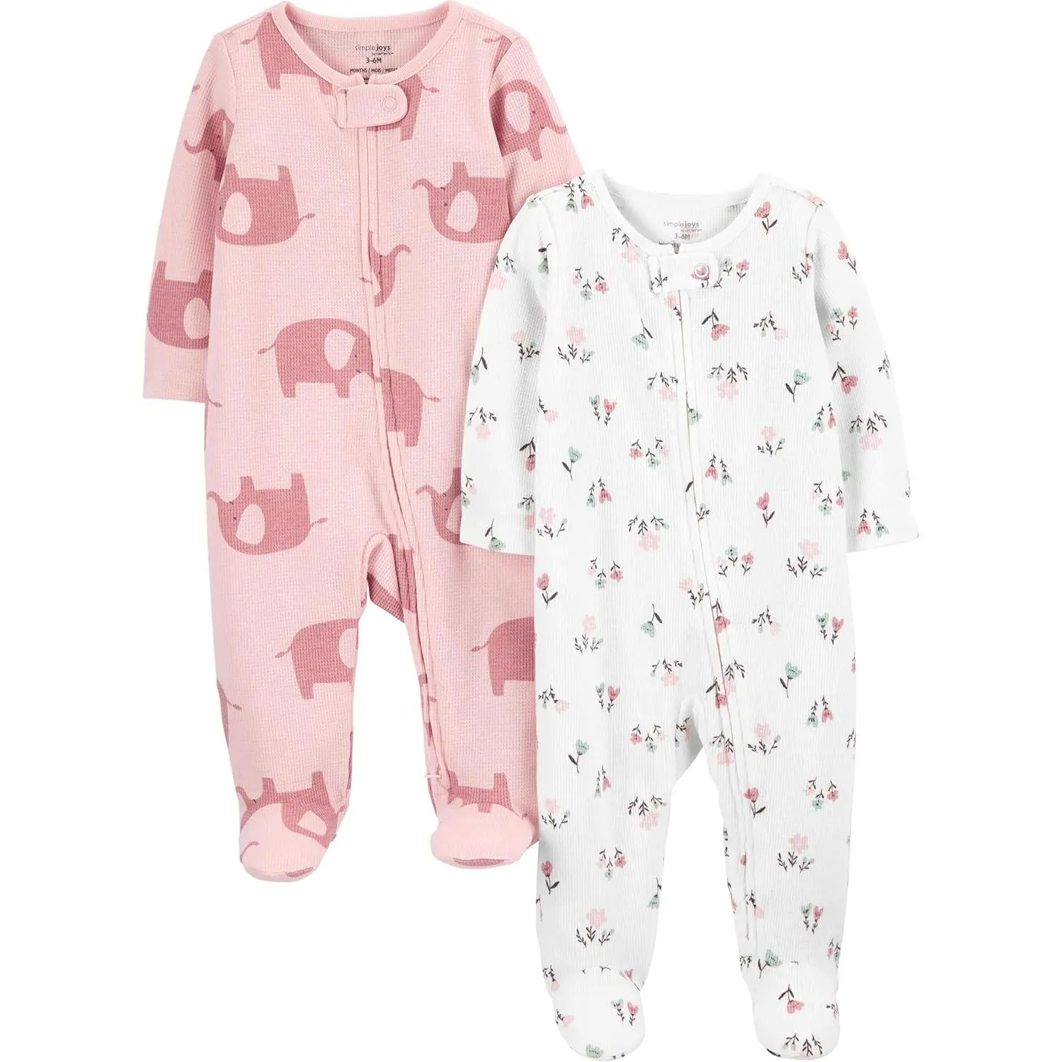 Baby Girls' Sleep and Play 2-Pack, Snug Footie Pajamas in Breathable Fleece with 2-Way Zipper, Floral Animal Print, Cpsia Labeled, Clothes, Sleepwear, Flowers