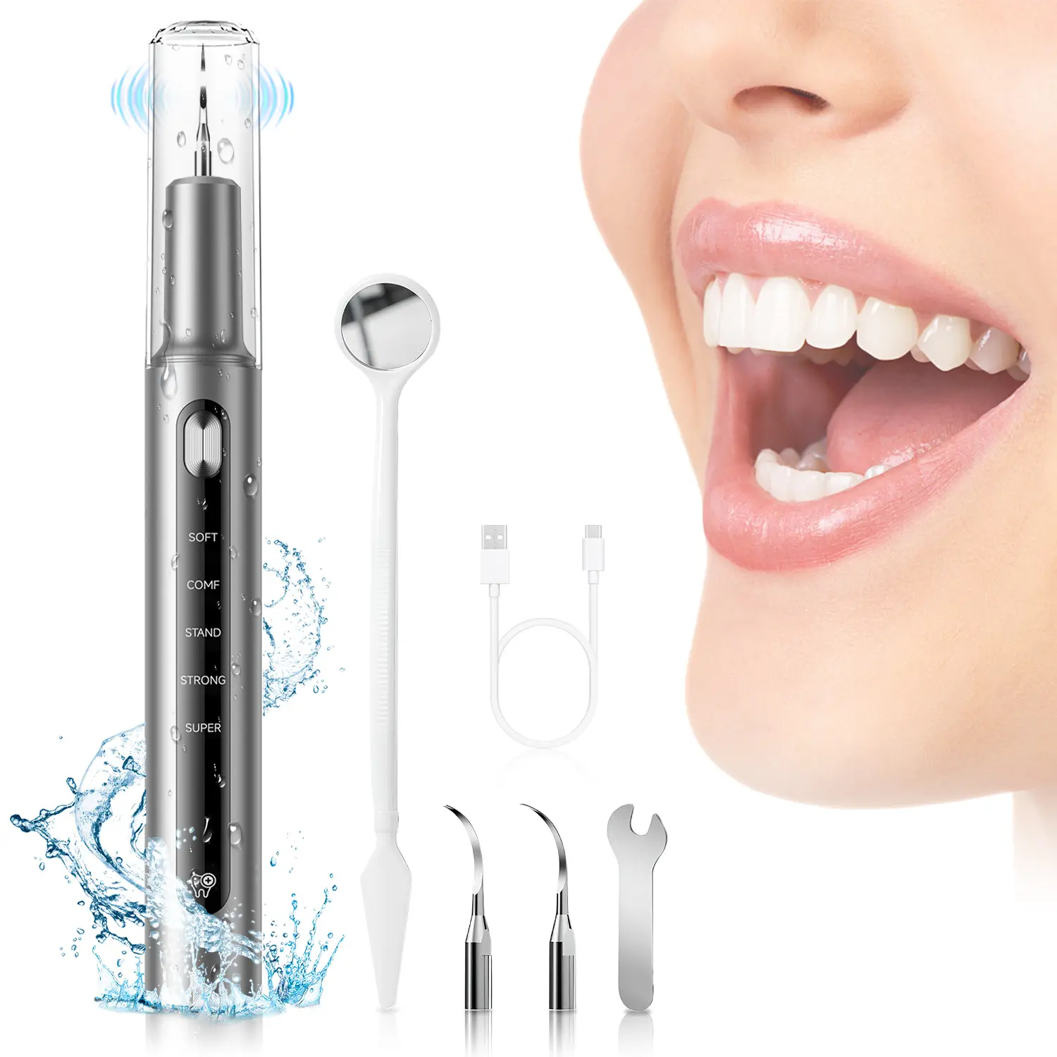 Rechargeable Plaque/Tartar Remover for Teeth, Dental Calculus 5-Mode and Replaceable Heads USB-C UV Light Smart Power-Off| Ipx6 Waterproof Remover 90-Day Battery Teeth Cleaning Kit with LED Light & Adjustable For Home Travel Electric Fast