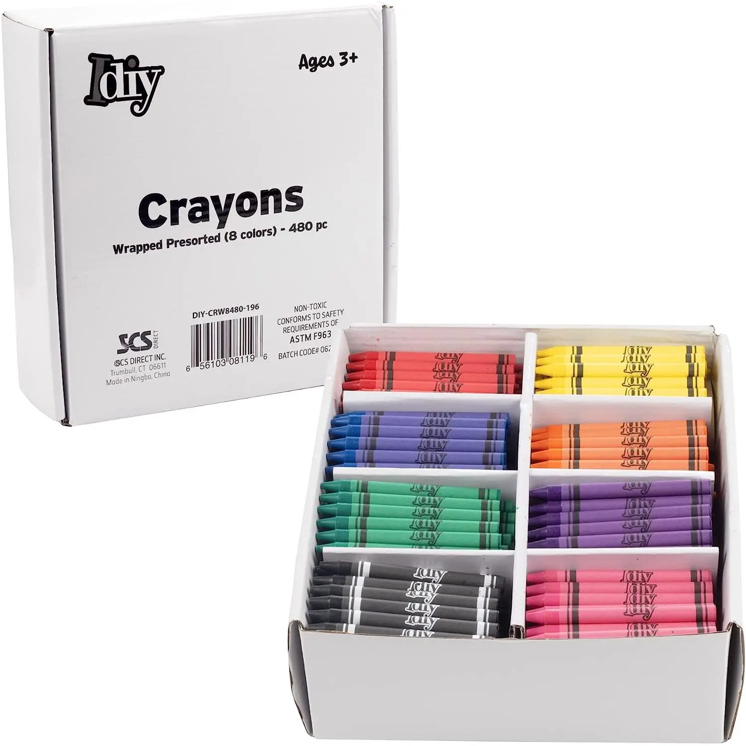 IDIY Wrapped Bulk Wax Crayons (Pre-Sorted 480 ct, 60 each of 8 different colors) -ASTM Safety Tested, For Kids, Teachers, Great For Art Classrooms