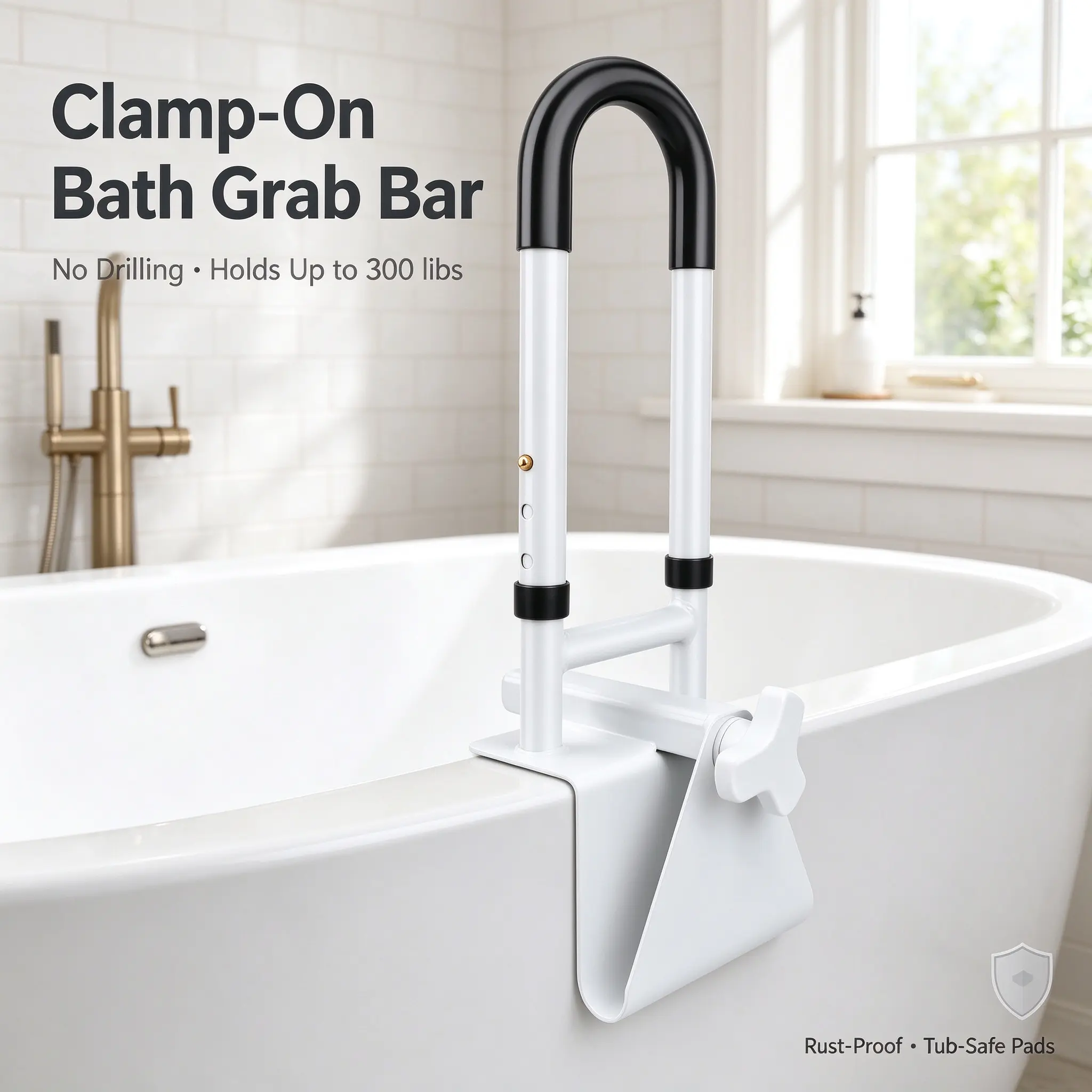 Adjustable Bathtub Safety Grab Bar for Shower - Edge-Mounting Clamp, No Drilling Required, Non-Slip, Supports Up to 330 lbs, for Seniors & Pregnant Women, Aids Getting Up