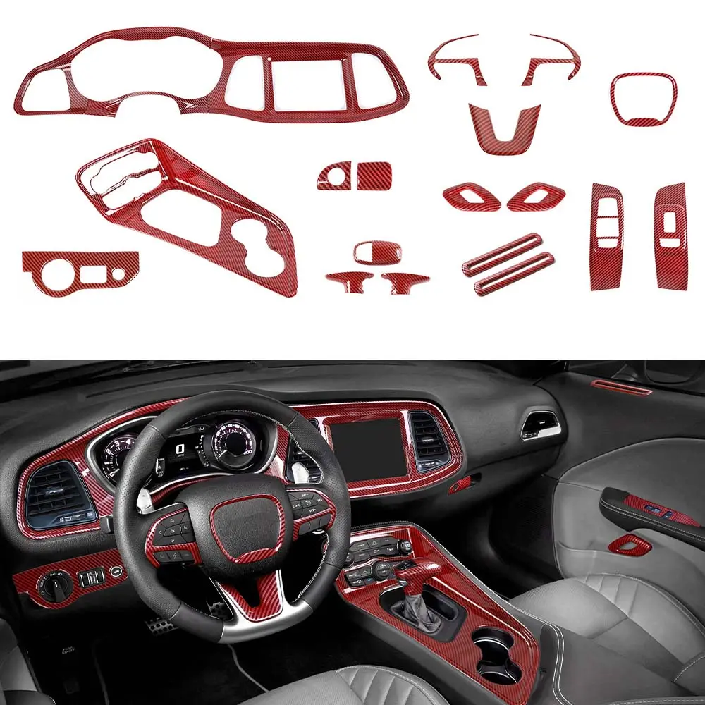 21-Item/Set Red Car Interior Moulding Kit, UV-Resistant ABS Center Console Full Decor Trim Shell, Perfect Fit for 2015+ Challenger Auto Cars Accessories, Unique Look Interior Accessories