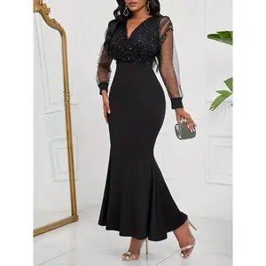 Elegant Black Mesh Panel Bodycon Dress - V-Neck, Long Sleeves with Sequin Detail, Stretchy Polyester Fabric, Machine Washable - Sophisticated Evening Gown for Women Prom Formal Knit Solid