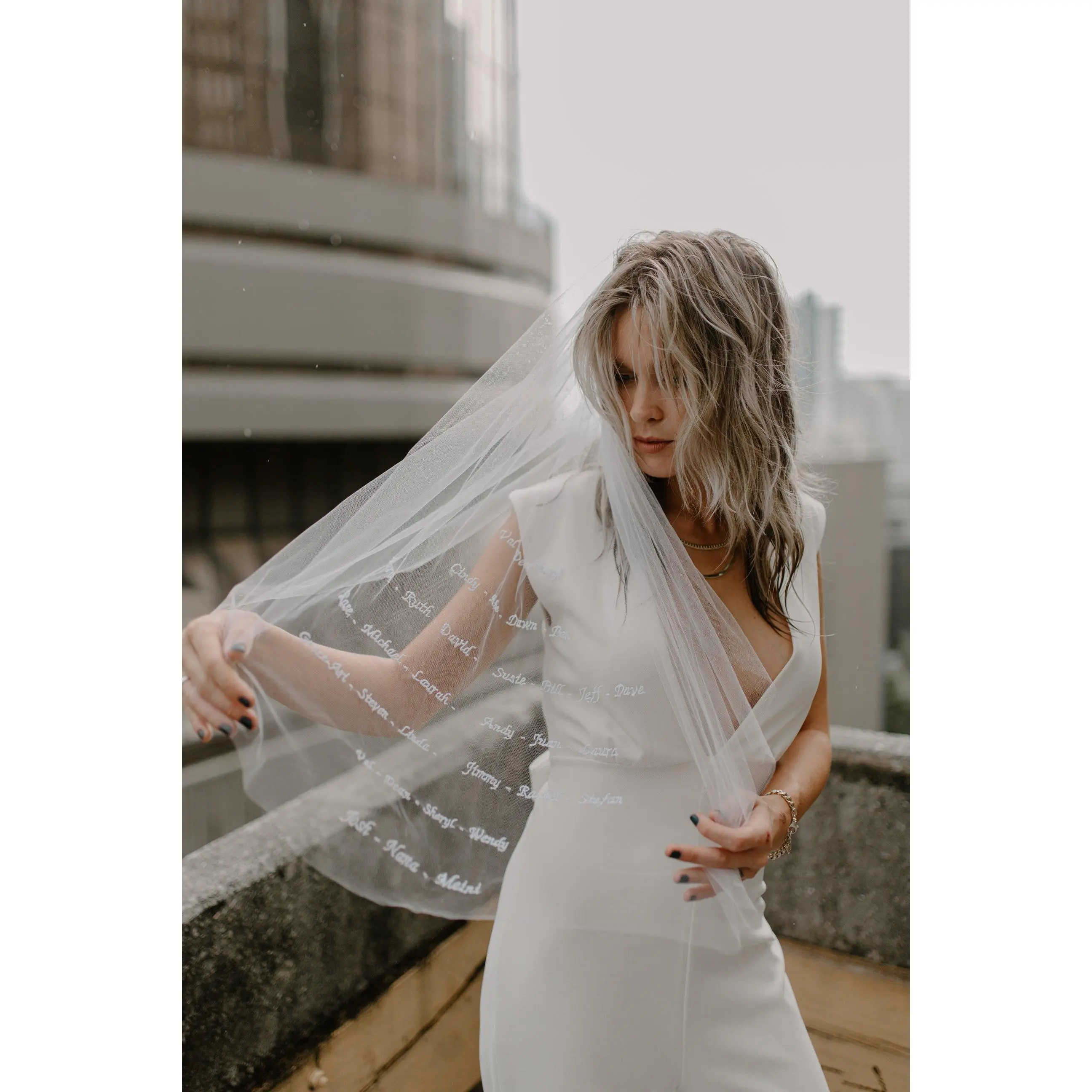 Embroidered Short Bridal Veil with Names, Monogram Veil