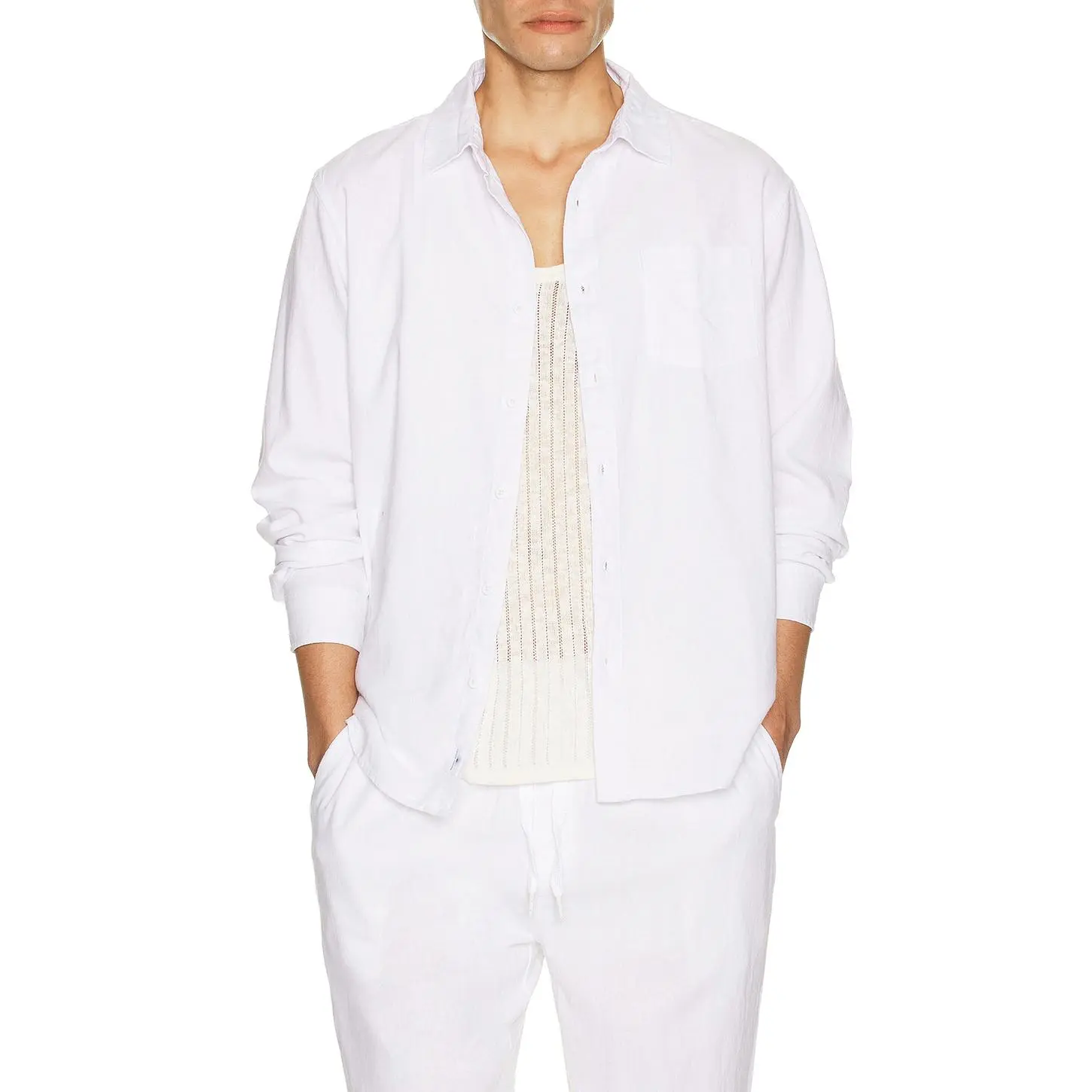 Vintage Summer Long Sleeve Linen Button Down Shirt in White
