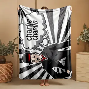 1 piece Classic Black-and-White Image of Charlie Chaplin themed flannel blanket - Oversized comfortable flannel sofa blanket, suitable for beds and sofas, all-season use, modern design, digitally printed pattern, 100% polyester material, machine