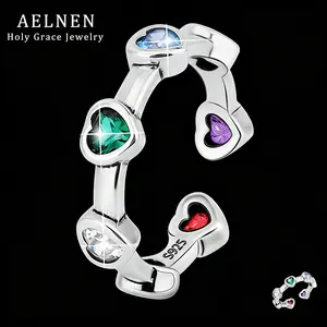 AELNEN S925 Sterling Silver Multicolor Heart Open Ring - Cubic Zirconia Accented Adjustable Rainbow Heart Ring for Women Versatile Accessory Elevate Your Style