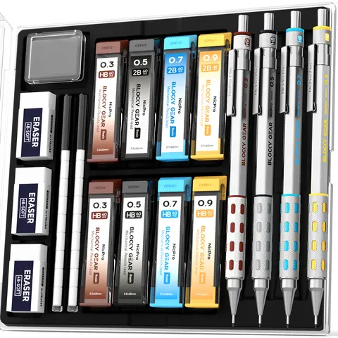 Nicpro 4-Pack Compact Full-Metal Grip Stationery Supplies Set - Technical Grade Erasable Mechanical Drawing Pencils (0.3 mm/0.5/0.7/0.9mm), Metallic Mesh Gear, Case, 8 Tubes HB/2B Lead Refills, 18 Replaceable Cap Erasers for Art Materials