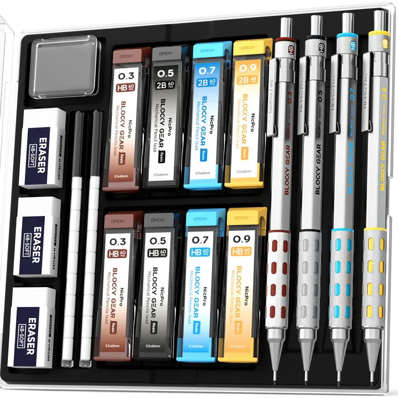 Nicpro 4-Pack Compact Full-Metal Grip Stationery Supplies Set - Technical Grade Erasable Mechanical Drawing Pencils (0.3 mm/0.5/0.7/0.9mm), Metallic Mesh Gear, Case, 8 Tubes HB/2B Lead Refills, 18 Replaceable Cap Erasers for Art Materials