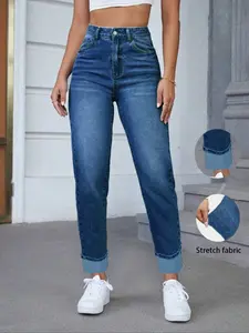 Women's Wide Leg Denim Stretchy Fabric Cuffed Jeans, Pants, Elastic Comfortable Fit, Casual Style, Streetwear, Suitable for All Seasons, Perfect for Leisure Wear