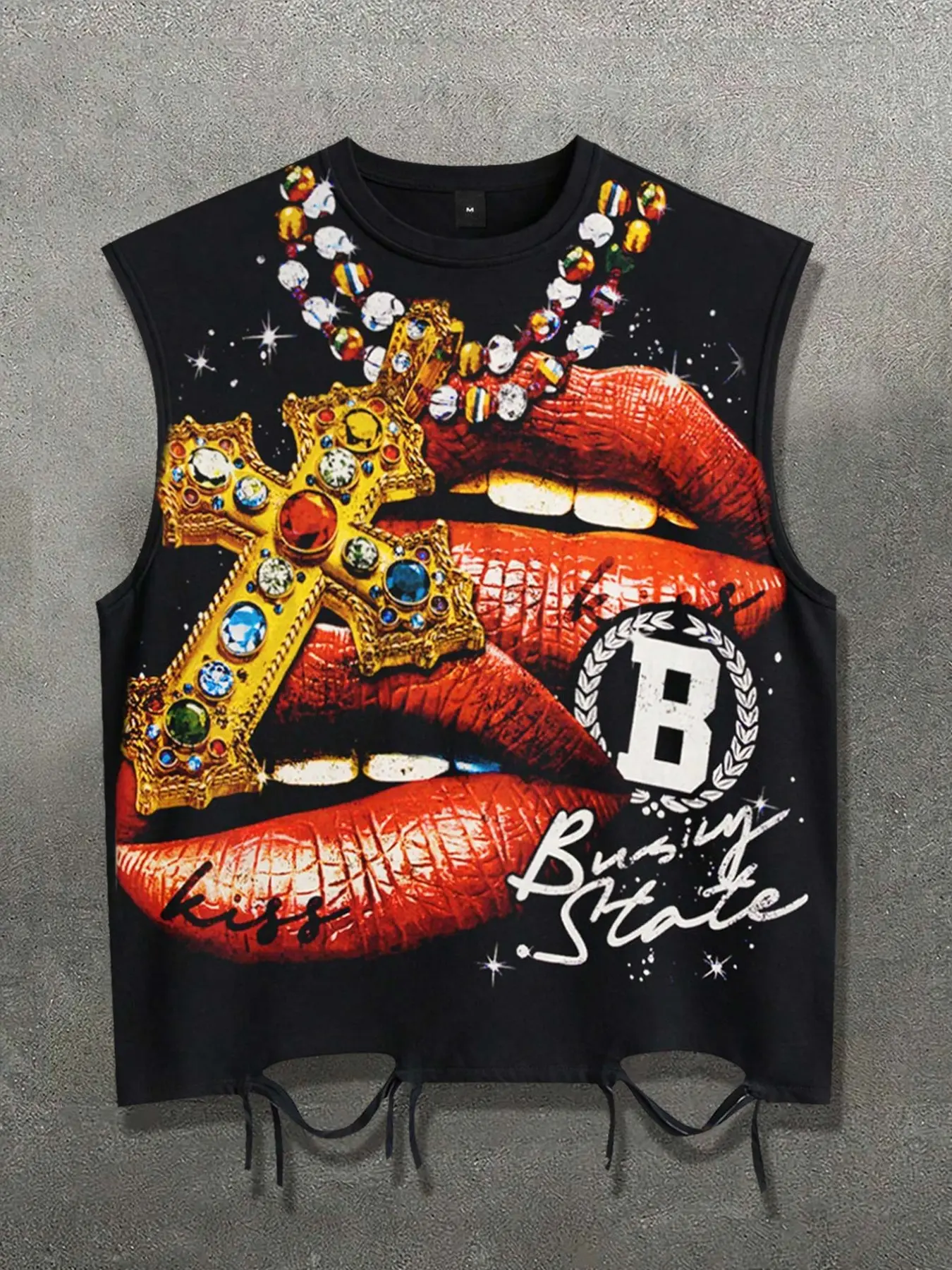 Lip Print Graphic Ripped Tank Top Unisex Gold Necklace Tank Top Summer Clothes Tops Fashion Punk Festival Outfit Tank Top Men's European & American Streetwear Trendy Sleeveless T-Shirt Cut Ruffles American Retro Tank Top Y2K Vest Street Style