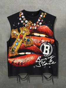 Lip Print Ripped Tank Top Unisex Gold Necklace Tank Top Summer Fashion Punk Festival Outfit Tank Top Men's European & American Streetwear Trendy Sleeveless T-Shirt Cut Ruffles American Retro Tank Top Y2K Vest