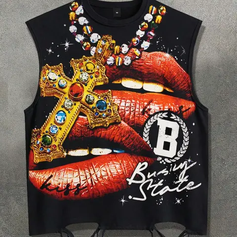 Lip Print Graphic Ripped Tank Top Unisex Gold Necklace Tank Top Summer Clothes Tops Fashion Punk Festival Outfit Tank Top Men's European & American Streetwear Trendy Sleeveless T-Shirt Cut Ruffles American Retro Tank Top Y2K Vest Street Style