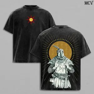 "PRAISE THE SUN" DARK SOULS Men's Washed Short Sleeved Top, Unisex Tee, Gamer Gift, Menswear Game graphic tee Seamless Tropical vintage Cotton Fabric