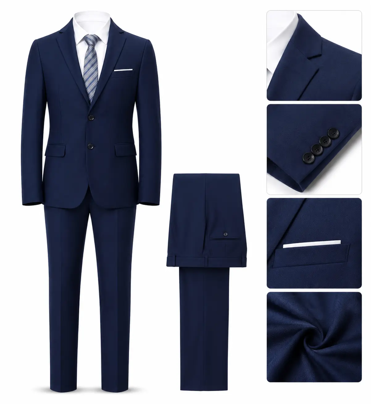 Men’s Navy Blue 2-Piece Slim Fit Single Breasted Long Sleeve Plain Blazer & Pants Suit Set - Formal Wear for Business,Wedding,Urban Gentlemen - Dry Clean Only,Medium Length