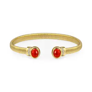 Aprilery Elegant Red Stone Coil Cuff Bracelet – Sleek Bangle with Zirconia Accent for Women