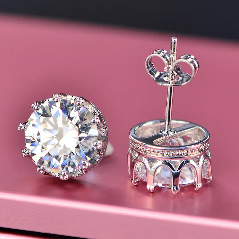 1ct Moissanite Crown Earrings, Synthetic Diamond, US-Style D-Color Artificial Gemstone Earrings, Sparkling Hot Cake-Inspired Jewelry Accessories, Adults