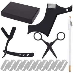 5 piece set beard shaper for man - include professional straight edge razor,template guide,10 count of double edge blades,barber pencil and stainless steel scissors