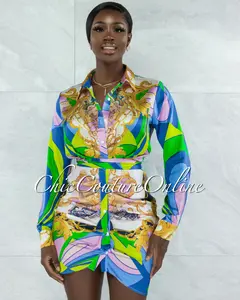 *Obas Green Blue Print Drape Satin Shirt Dress