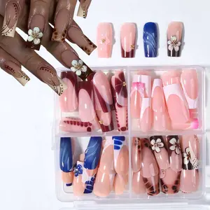 96pcs Medium Square Nail Tips Set, Autumn Winter Colors, Glossy Finish, Leopard Print Design, Flower Nails, Includes Storage Box, for Women & Girls, Glossy False Nails