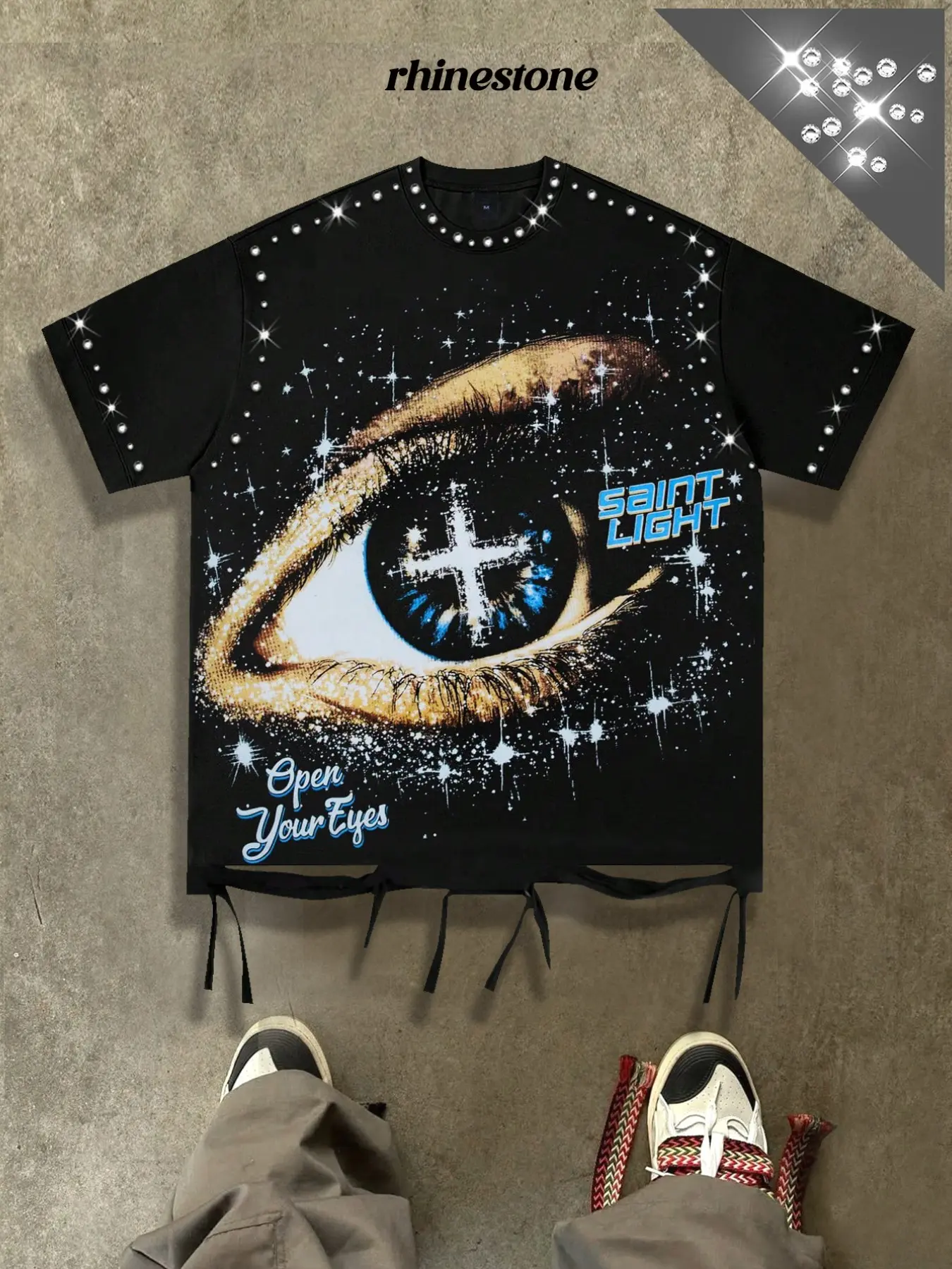 Tassel hole eye print, Graphic short sleeved Casual T-shirt for men, rhinestone shiny geometric shirt T-shirt for men and women, European and American street fashion short sleeved pattern eyes Streetwear Top