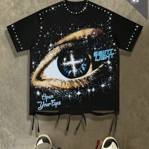 Tassel hole eye print, Graphic short sleeved Casual T-shirt for men, rhinestone shiny geometric shirt T-shirt for men and women, European and American street fashion short sleeved pattern eyes Streetwear Galaxy