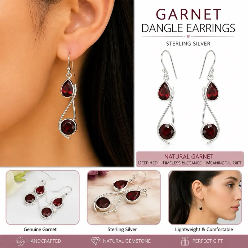 925 Sterling Silver Elegant Garnet Multi-Stone Drop Earrings, Genuine Gemstone, Drop Shape Semiprecious Stone Jewelry