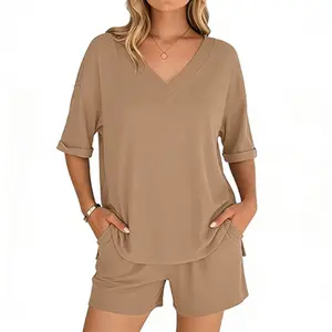 Women's 2-Piece Basic Loungewear Set, Oversized V-Neck Top & Biker Shorts, Reversible Casual Pajama Tracksuit
