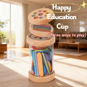 Happy Educational Cup, Natural Wood Color & Rainbow Colors, Fun Learning Toy for Kids Under 3 Years, Cognitive Development