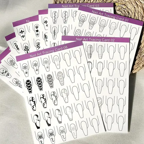 Mixed Styles Nail Art Training Card, 10pcs Reusable Nail Art Designing Card, False Nail Practicing Card, Nail Art Tracing Cards, Nail Art Tool for Beginners, Nail Art Practice, Nail Art Patterns