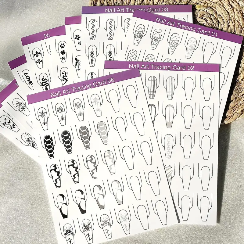 Mixed Styles Nail Art Training Card, 10pcs Reusable Nail Art Designing Card, False Nail Practicing Card, Nail Art Tracing Cards, Nail Art Tool for Beginners, Nail Art Practice, Nail Art Patterns