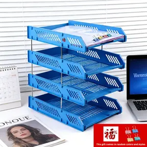 4-Piece Office & Study Desk Organizer Set, Chinese Fu Character Design 4-Tier Plastic File Holder, Desktop Document Organizer for Files and Stationery, Ideal for Office Workers and Students