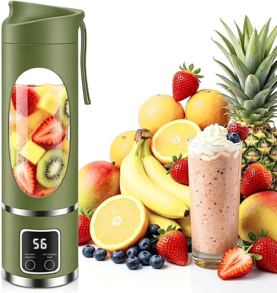 Portable Personal Blender with 12 Blades, Rechargeable Matcha Green 16oz BPA-Free & Food-Grade Materials, Self-Cleaning Function, Smart Timer Display, USB-C Charging, Ideal for Smoothies & Shakes