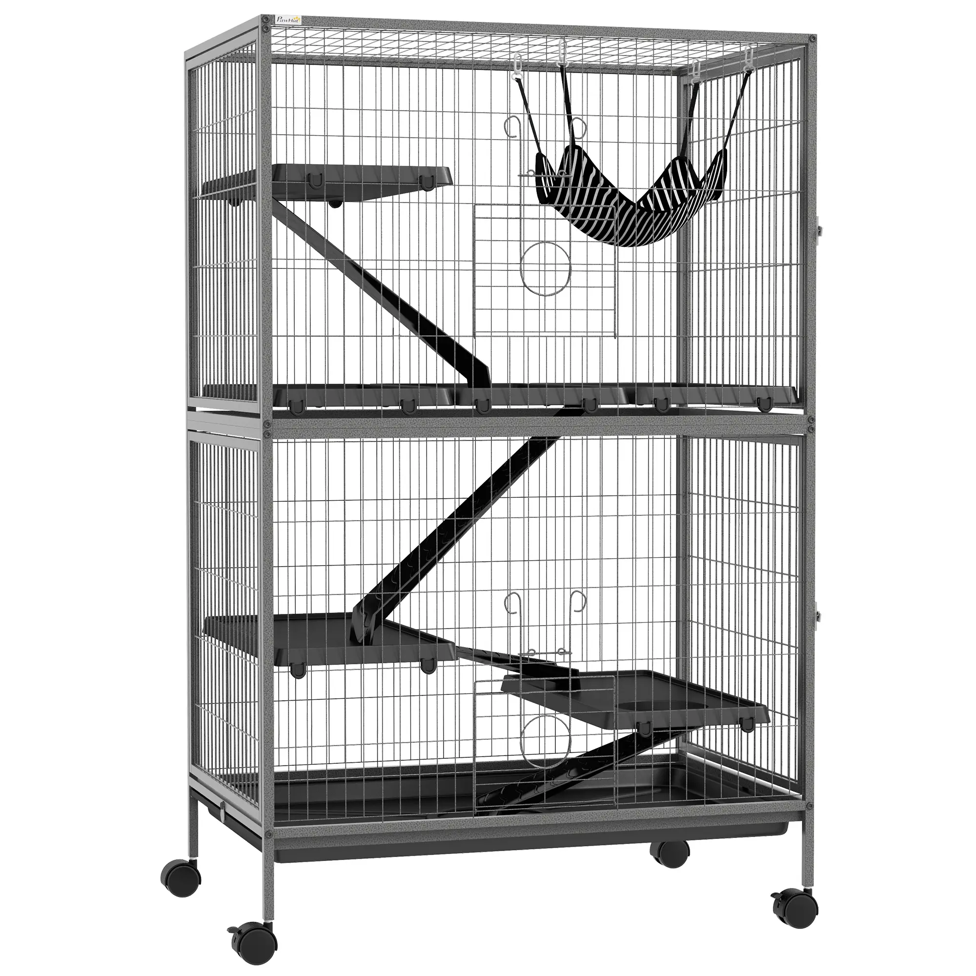 50" H Rolling Small Animal Cage – 4-Tier, Hammock, 4 Doors. Smooth-Rolling Wheels & Removable Tray. Sturdy Steel Wire. For Ferrets, Chinchillas, Kittens & Sugar Gliders