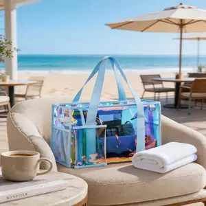 [2026 New Design] Women's Iridescent Large Zipper Beach Bag - Waterproof, Sandproof Home Organizer Storage Tote with Bonus Makeup Bag