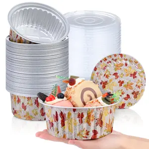50 Pcs 1lb Thanksgiving Fall Bread Loaf Pans with Lids Maple Leaf Mini Aluminum Cake Pans 580ml Thanksgiving Leftover Food Container Disposable Cupcake Tin for Friendsgiving Party Holiday Gift