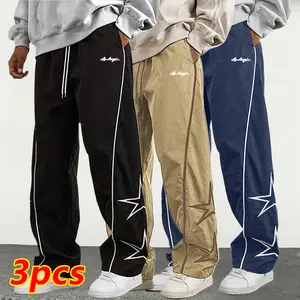 3-Pack Men's All-Season Straight-Leg Casual Pants, Stylish Star-Print Athletic Pants, Polyester Fabric, Fashion Comfortable Wide-Leg Trousers, Trendy Color-Block Outdoor Streetwear Pants for Men