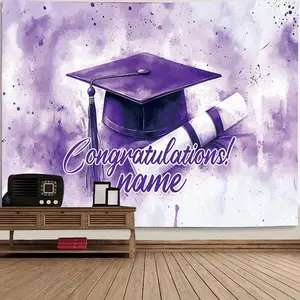 2D Flat Banner Polyester Photography Backdrop, HD Digitally Printed Purple Watercolor Graduation Cap and Diploma Design, Soft Lightweight Foldable Machine Washable Background Cloth for Graduation Party Decor, Photo Booth, and Even