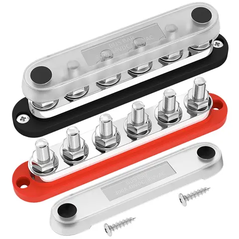 Eunik Max 300A High Current Automotive Ground Bus Bar - 1 Unit, Handles Max 300A Continuous Amperage, 6x3/8" M10 Terminal Studs, M10 Stud, 12V Marine Boat Car Power Distribution Block, 300V AC/48V DC Positive, Cover, Round Corners, Easy Installation