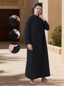 Men's Plain Stand Collar Long Robe, Loose-Fitting Breathable Casual Kimono, Large Size Outerwear for All Seasons