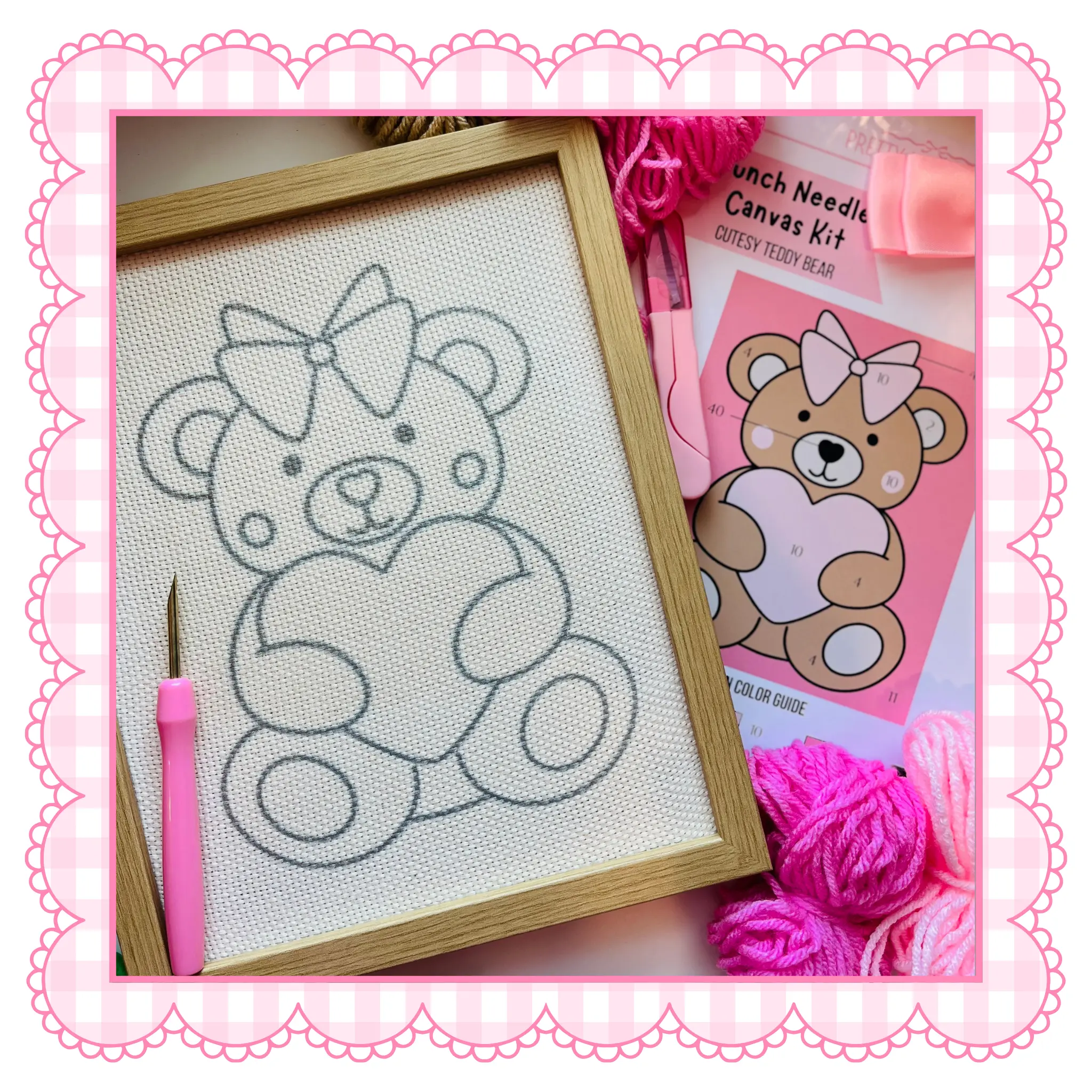 Cutesy Teddy Bear Punch Needle Canvas Kit