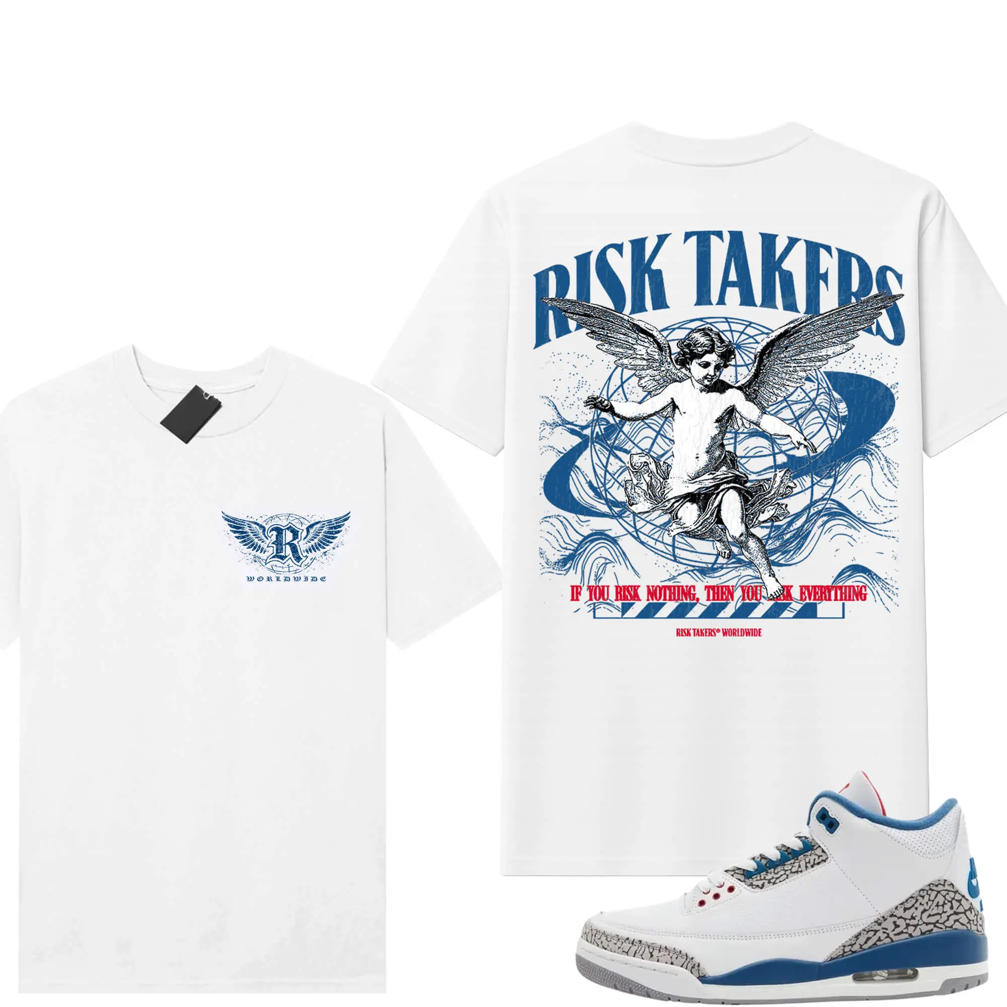 True Blue 3 AJ3 Sneaker Match Tees White Risktakers Worldwide 2 Sides | 90s Vintage Hip Hop T-Shirt | Retro Sneakerhead Apparel for Men & Women | Unisex Gift Shirt Menswear Sleeves Classic