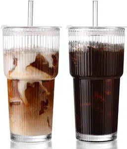 Iced Coffee Cups with Lids 2Pcs: Ribbed Glass Tumbler with Straw and Lid 20oz-Vintage Glass Cups with Lids and Straws-Tumbler Leak Proof Aesthetic Drinking for Coffee Bar Accessories