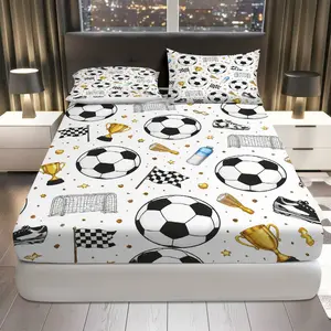 3Pcs Soccer Trophy Champion Fitted sheet Three Piece Set (1*Fitted Sheet+2*Pillowcases, Coreless), Sports theme, Football Bedding Set, Mattress protector Soft, Breathable, Decorative Bedsheet Sets