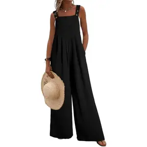 Women's Casual Loose Overalls Jumpsuits One Piece Sleeveless Wide Leg Long Pant Rompers With Pockets